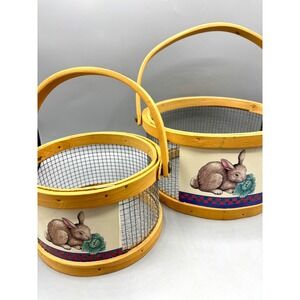 Vtg Baskets Wooden Chicken Wire Rabbit Bunny‎ Print Rustic Spring Easter Nesting